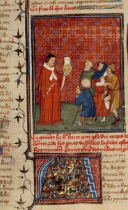 Een dokter die een pot urine onderzoekt voor patiënten. Miniatuur uit Barthelemy de Engelsman door Unknown artist