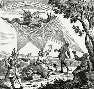 Een draak gezien vanuit verschillende hoeken, gebaseerd op een kopergravure van Zahn