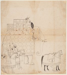 Een tekening van een versierde olifant en paarden door Unknown artist