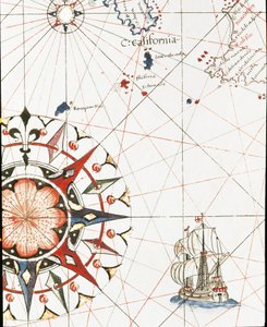Een galei die voor de kust van Californië vaart (detail van de portulan van Castellini)