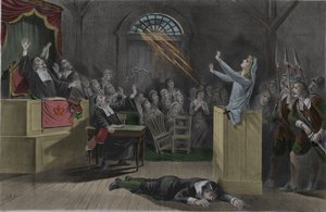 Een bliksem verbrandt de kettingen van een heks tijdens haar processen in Salem