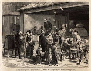 Een levendig tafereel van een straat in Edo (Tokio), met een reizende goochelaar voor een viswinkel, en een goedkope stoffenverkoper. Gravure ter illustratie van de reis naar Japan, door Aime Humbert, minister van de Zwitserse Confederatie, in 1863-1864, g door Unknown artist