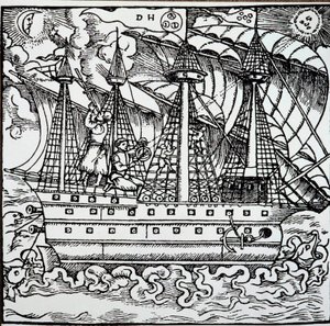 Een navigator op een Portugese karveel met een astrolabium door Unknown artist