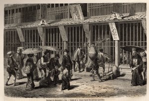 Een apotheek in Yedo (of Edo, het huidige Tokio), de apotheker werkt met zijn hulp voor de ogen van het publiek, beschermd door een houten gelakte rooster, waar de schuiten op straat wachten om bediend te worden en vervolgens betalen door het geld door te  door Unknown artist