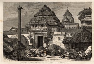 Een populaire wandeling voor de hoofdingang van de Djaghernaut Pagoda (gebouwd rond 1200), een heilige stad en pelgrimsoord in Zuid-Bengalen. Gravure ter illustratie van de reis in de zuidelijke provincies van India, door Alfred Grandidier, in 1862-1864, g door Unknown artist