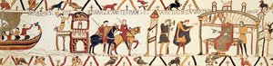 Een scène uit het Tapijt van Bayeux die koning Edward toont die met Harold praat door Unknown artist