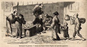 Een zaadhandelaar midden op straat. Gravure ter illustratie van de reis naar Japan, in 1863-1864, door Aime Humbert, minister van de Zwitserse Confederatie, in 