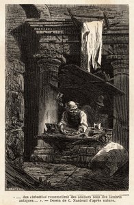 Een schoenmaker, die zijn winkel heeft opgezet en werkt in oude ruïnes. Gravure ter illustratie van de reis naar Rome, door Francis Wey, in 1864-1868, gepubliceerd in 
