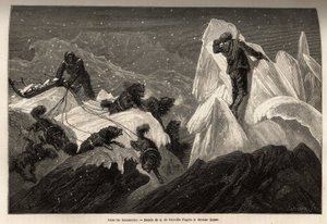 Een slee en zijn bemanning verloren in de Hummocks, gescheurde ijsblokken die het oppervlak van het pakijs animeren. Gravure ter illustratie van de reis naar de vrije zee van de Noordpool, door dokter Hayes, chirurg van de Amerikaanse marine, in 1860-1862,