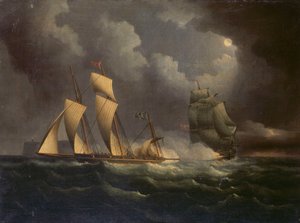 Een smokkelaarssloep achtervolgd door een marinesloep, ca. 1825 door Unknown artist