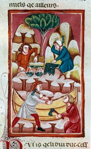 Een handelaar die een weegschaal gebruikt, een smid die op een aambeeld slaat, twee arbeiders die aan een boot werken in een scheepswerf. Miniatuur uit "De Daden van de Romeinen" 13e eeuw Venetië, Biblioteca Marciana