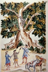 Een wilde kat zit op een boom, jagers wachten erop, uit het boek "Trujillo del Peru" of "Códice Martínez Compañón", door Baltazar Martinez Compañón y Bujanda, bisschop van Trujillo (1782-1785)