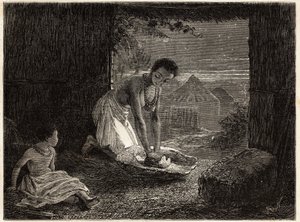 Een vrouw die graan maalt in een brander, de molen bestaat uit een stationair blok graniet in de vorm van een trog en een stuk convex kwarts. Gravure ter illustratie van Dr. Livingstone