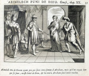 Abimelech geeft Sarah aan Abraham - Bijbel, gravure door Unknown artist