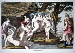 Actaeon verandert in een hert - in Dizionario mitologico door Unknown artist