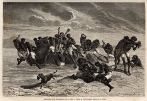 Na het nemen van zijn deel en het deel dat aan de leider van de Hamran-stam is toegewezen, vecht de menigte brutaal om de resterende stukken. Gravure ter illustratie van de verkenning van de Abessijnse zijrivieren van de Nijl, door Sir Samuel W. Baker, in door Unknown artist