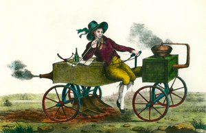 Landbouw: ploegscène met een stoommachine in 1834. Anonieme gravure uit 1834. Privécollectie