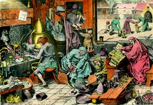 Alchemielaboratorium Een alchemist die een grimoire raadpleegt. Gravure uit de 16e eeuw Privécollectie