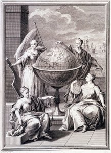 Allegorie van de Verkenning van de Wereld - in "Historical Journey of South America done by Order of the King of Spain", door Don Georges Juan en Don Antoine de Ulloa, Librairie du Roi, Parijs door Unknown artist