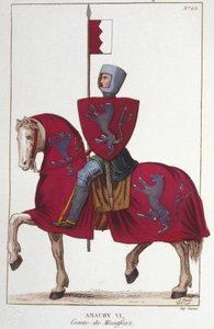 Amaury VI, Graaf van Montfort, verloor een deel van de veroveringen van zijn vader Simon IV en droeg zijn rechten op het Zuiden over aan de koning van Frankrijk, Lodewijk VIII. Gravure uit 1830.