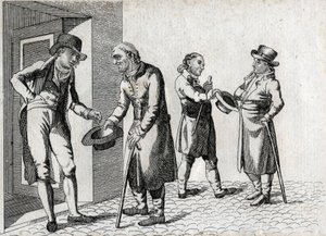 Amone. Bedelaars die hoeden uitsteken om munten te ontvangen. Eindgravure van de 18e eeuw. Privécollectie door Unknown artist