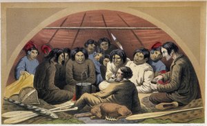 Een Indiaans Bezoek aan Otelne in zijn Tent - in "Exploration of the Labrador Peninsula" door Hind, Londen door Unknown artist