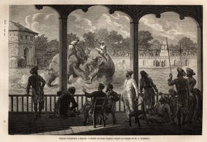 Een olifantengevecht in Baroda, Gujarat, India. Gravure ter illustratie van de reis in India van de Rajahs, door Louis Rousselet, 1864-1868, gepubliceerd in 