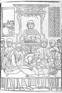 Anatomische dissectie. Gravure uit een verhandeling over geneeskunde door Gerolamo Cardano, Florence door Unknown artist