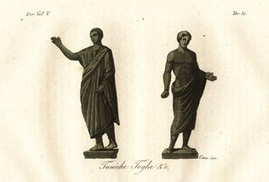 Oude Etruskische beelden van mannen in toga, tuniek, calzari (schoenen)