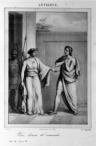 Antigone Act I, scène 3. Italiaanse tragedie door Vittorio Alfieri geschreven in 1783 naar Griekse mythologie. Gravure uit de 18e eeuw. door Unknown artist