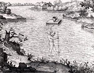 Apparaat om een duiker onder water te laten ademen door Unknown artist