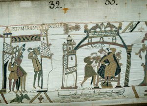Astrologen rapporteren de verschijning van de komeet (Halley), een voorteken van ongeluk voor Harold, net gekroond tot koning van Engeland (detail van het Tapijt van Bayeux) door Unknown artist