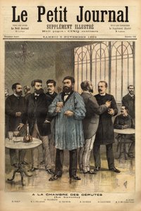 Aan de bar van de Kamer van Afgevaardigden, met van links naar rechts: Emile Basly (1835-1928), afgevaardigde van Parijs, uit de vakbondsbeweging van mijnwerkers, Camille Pelletan (1846-1915) journalist schrijver en afgevaardigde van de Bouches du Rhone, A