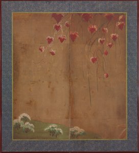 Herfst wijnstok, verre bomen en sneeuw door Unknown artist