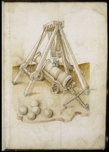 Kanon en lift - Manuscript: perkamentblad van een ingenieurshandboek voor de bouw van civiele, religieuze en militaire gebouwen, anoniem, laat 15e eeuw (figuur in Chinese inkt) door Unknown artist