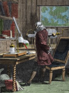 Benjamin Franklin (1706-1790), filosoof, natuurkundige en Amerikaanse ambassadeur in zijn laboratorium in Philadelphia