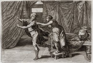 Bijbel van Royaumont, Oude Testament: Kuisheid van Jozef. Jozef wordt verleid door de vrouw van Potifar en in de gevangenis gezet. Illustratie uit 1811. door Unknown artist