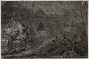 Royaumont Bijbel, Oude Testament: David spaart Saul. David heeft Saul in zijn handen, maar doet hem geen kwaad. Hij neemt alleen de speer en zijn beker. Illustratie uit 1811.