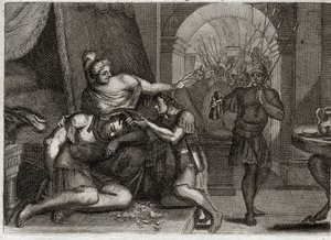 Bijbel van Royaumont, Oude Testament: Dood van Samson. Samson onthult aan Delila dat zijn kracht in zijn haar zit. Ze knipt zijn haar af en brengt de Filistijnse soldaten de kamer binnen. Illustratie uit 1811. door Unknown artist