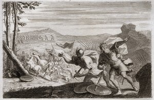 Bijbel van Royaumont, Oude Testament: Nederlaag van Saul. Sauls leger werd verslagen door de Filistijnen. Zijn drie kinderen werden daar gedood, en nadat hij zwaar gewond was geraakt in de strijd, pleegde hij zelfmoord. Illustratie uit 1811.