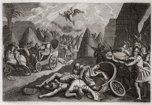 Bijbel van Royaumont, Oude Testament: Nederlaag van Sanherib. God versloeg het leger van Sanherib ten gunste van koning Hizkia door een engel die in één nacht honderdvijfentachtigduizend mannen doodde. Illustratie uit 1811. door Unknown artist