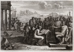 Bijbel van Royaumont, Oude Testament: Vroomheid van Josias. Josia, koning van Juda, herstelt de aanbidding van God in zijn koninkrijk en overtreft alle koningen zijn voorgangers in deugd. Illustratie uit 1811. door Unknown artist