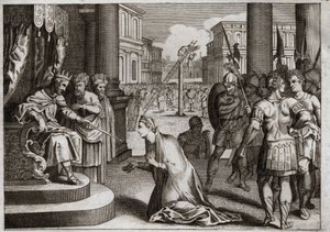 Bijbel van Royaumont, Oude Testament: Straf van Aman. Assuerus I (Xerxes I) hangt Aman (Haman) op aan de galg die hij had voorbereid voor Mardochee (of Mordekhai of Mordecai) en trekt het doodsbevel in dat hij in zijn hele koninkrijk had uitgevaardigd. door Unknown artist