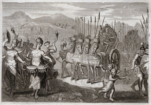 Bijbel van Royaumont, Oude Testament: Triomf van David. Nadat David de reus Goliath had verslagen, gingen de vrouwen van Israël hem tegemoet om zijn triomf te eren, met vreugdekreten en het geluid van instrumenten. Illustratie uit 1811. door Unknown artist