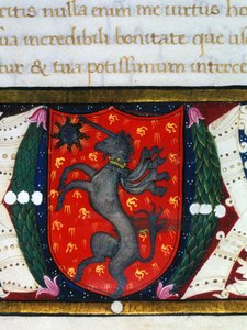 Wapen versiert een eenhoorn, een ster op een rode achtergrond. Detail van een miniatuur. 14e eeuw door Unknown artist