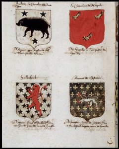 Wapenschilden van de Ridders van de Ronde Tafel: 1. Brallain, de ridder met twee slagen, 2. De Ridder van Norgales, 3. Gallehault, 4. De minnaar van Lystenois. sd. 19e eeuw door Unknown artist
