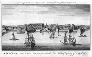 Bombay, haven van de Oost-Indische Compagnie van Engeland aan de Malabarkust van India, met handelsschepen van de Compagnie op de voorgrond en kadepakhuizen en gebouwen op de achtergrond. Koperen gravure, Londen