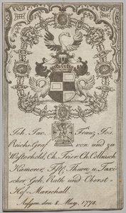 Boekplaat: Johan. Jac. Franz-Joseph, Reichs-Graf von Westerhold door Unknown artist