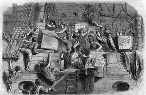 Boston Tea Party. Amerikaanse Onafhankelijkheidsoorlog: opstand van Amerikaanse kolonisten (van Britse oorsprong) tegen belastingen opgelegd door het Engelse Parlement op thee en andere levensmiddelen. Ze verkleden zich als indianen en gooien de lading the