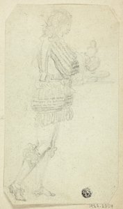 Jongen in historische kleding draagt voorwerp door Unknown artist